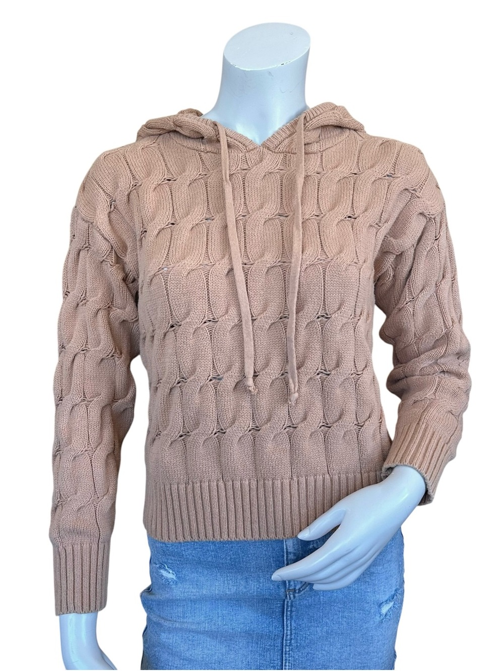 Anthropologie Tan Cable Knit Pullover Hooded Casual Sweater Size XS
